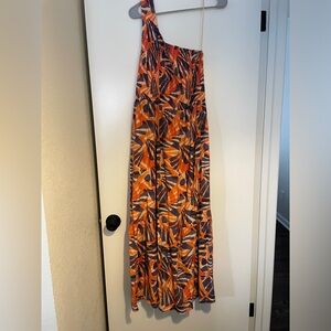 Nine West Orange and Navy Abstract Print Maxi One Shoulder Dress, Size L